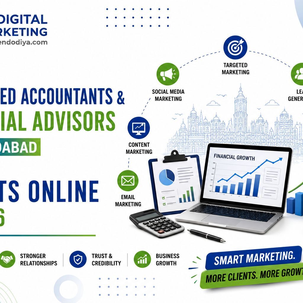 Infographic showing how chartered accountants and financial advisors in Ahmedabad can get clients online in 2026 using social media marketing, targeted marketing, lead generation, online visibility, local SEO, email marketing and content marketing for more clients, stronger relationships, trust and credibility and business growth — JD Digital Marketing jaymeendodiya.com