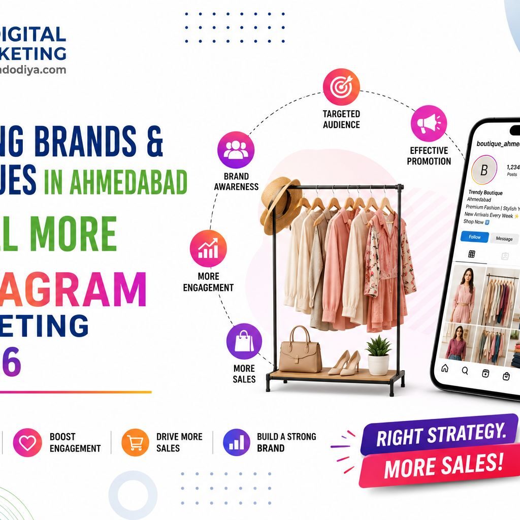 Infographic showing how clothing brands and boutiques in Ahmedabad can sell more using Instagram marketing in 2026 with benefits including brand awareness, targeted audience, effective promotion, more engagement, more sales and business growth to increase followers, boost engagement, drive more sales and build a strong brand — JD Digital Marketing jaymeendodiya.com