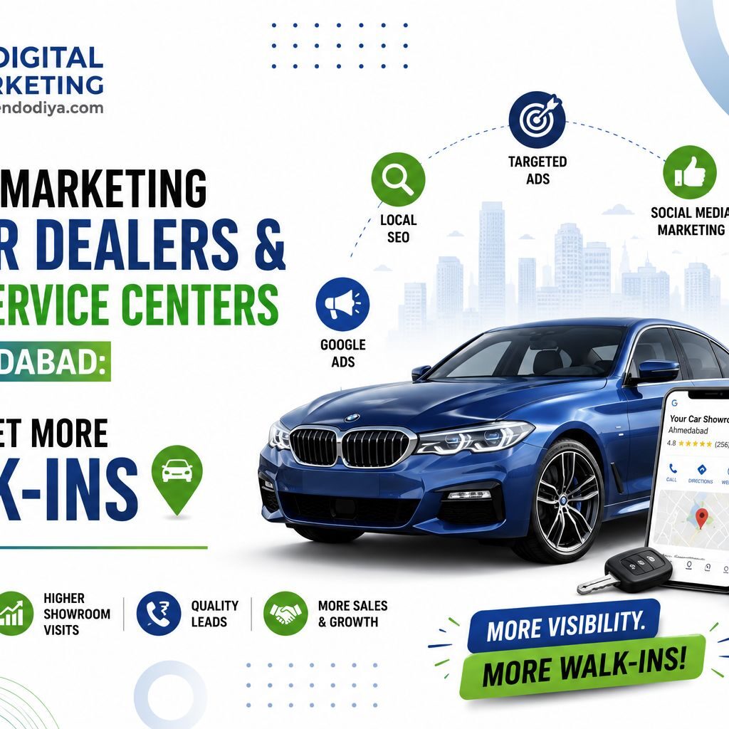 Infographic showing digital marketing for car dealers and auto service centers in Ahmedabad to get more walk-ins in 2026 using local SEO, targeted ads, Google Ads, social media marketing, online reviews and reputation management and call and WhatsApp leads for more walk-ins, higher showroom visits, quality leads and more sales and growth — JD Digital Marketing jaymeendodiya.com