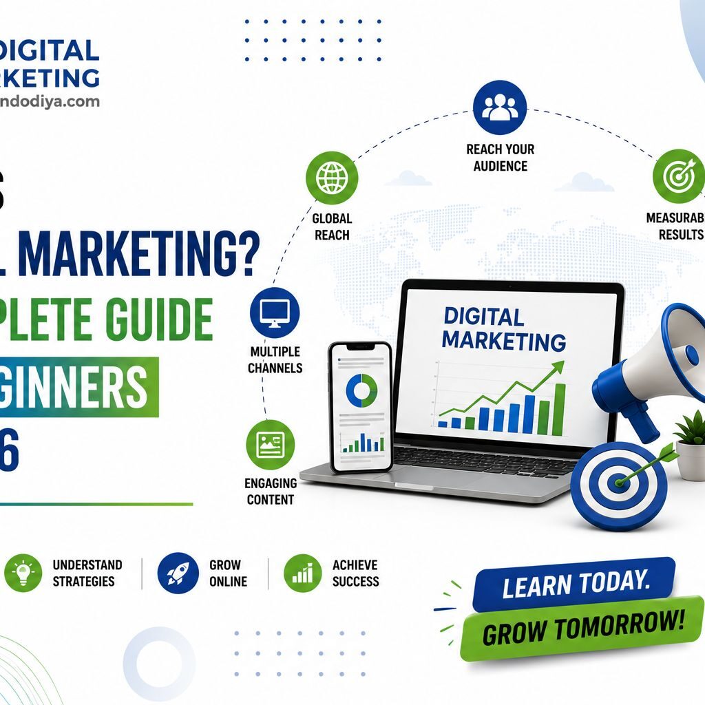 What is digital marketing complete guide for beginners in 2026 showing key benefits like global reach, measurable results, cost effective and grow your business – JD Digital Marketing Ahmedabad