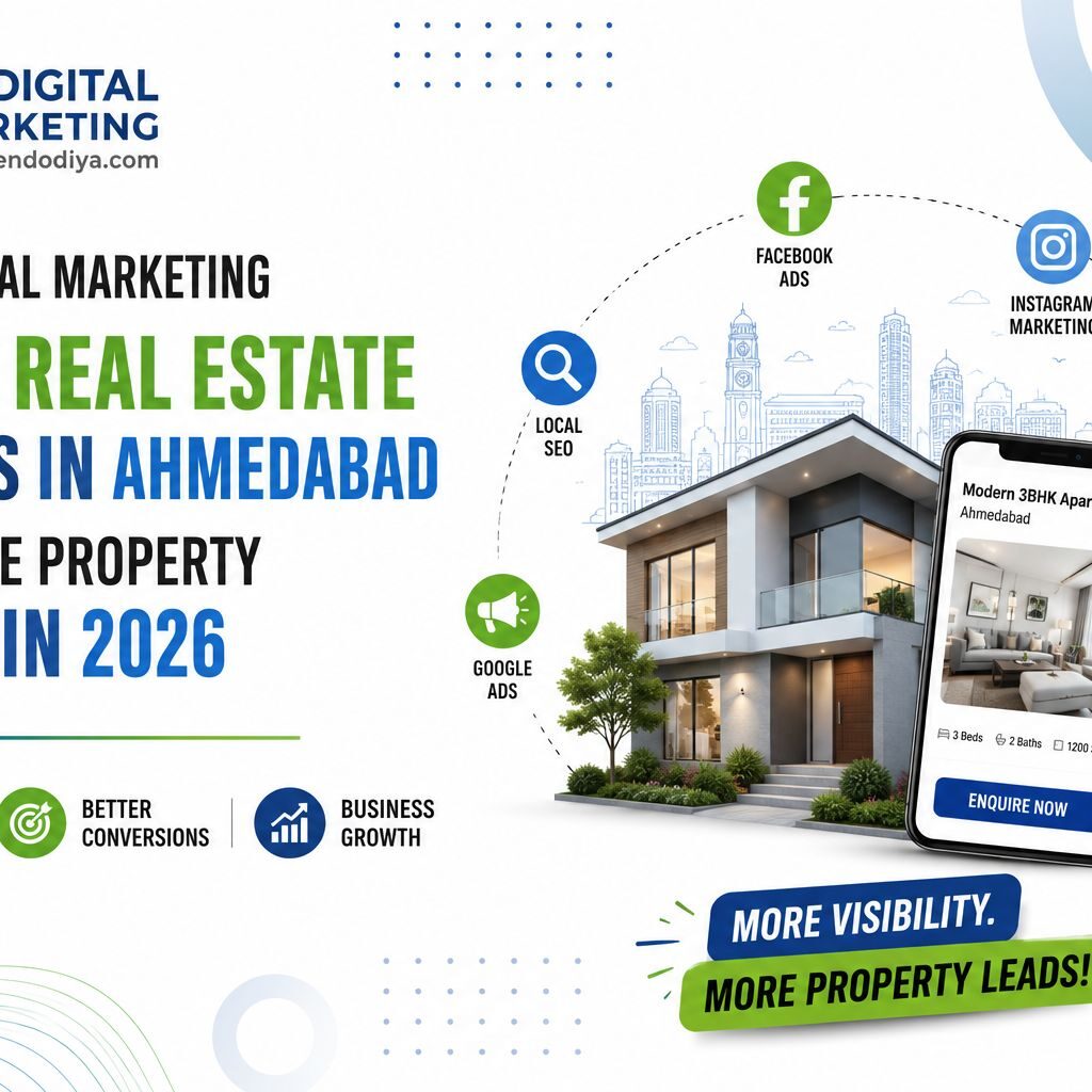 Infographic showing how digital marketing helps real estate agents in Ahmedabad get more property leads in 2026 using local SEO, Facebook Ads, Instagram marketing, Google Ads, lead generation and email marketing for more leads, better conversions and business growth — JD Digital Marketing jaymeendodiya.com