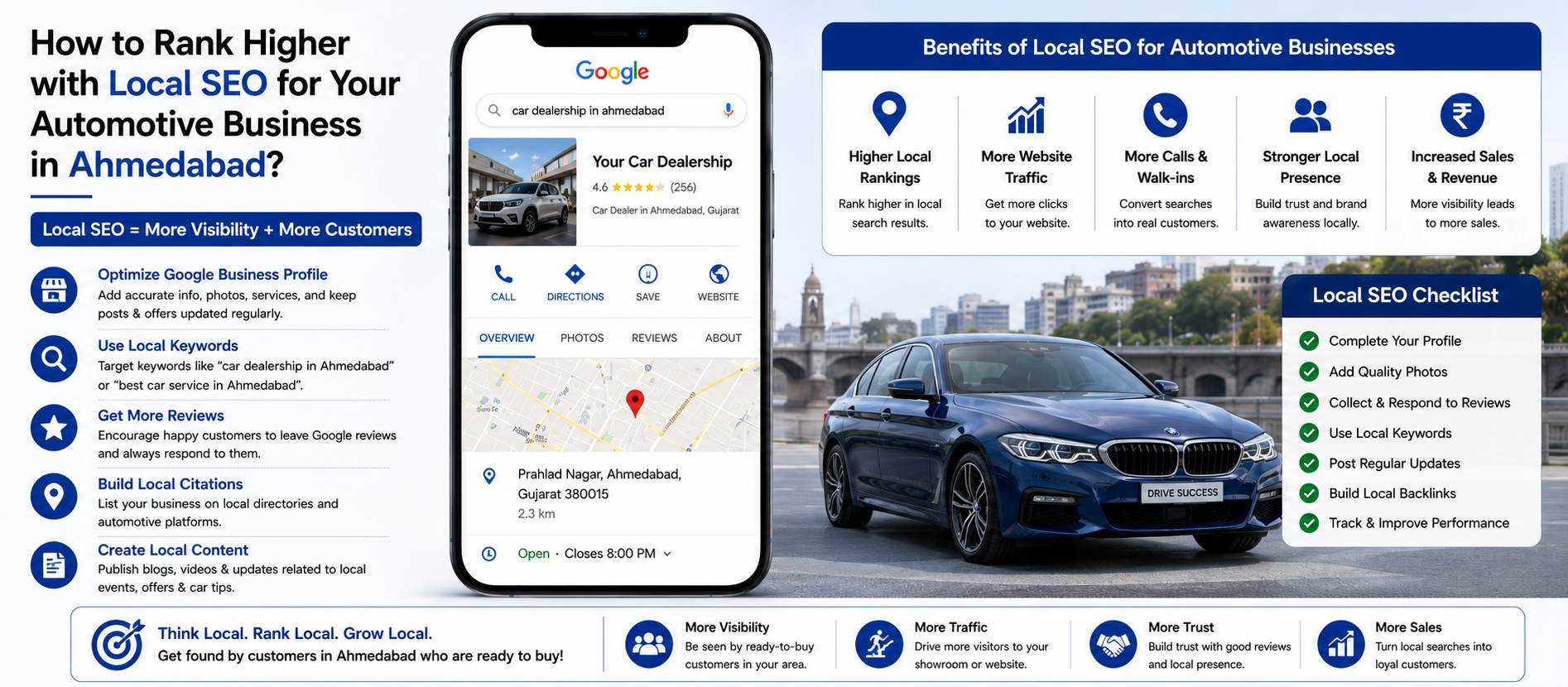 Infographic showing how to rank higher with local SEO for an automotive business in Ahmedabad by optimizing Google Business Profile, using local keywords, getting more reviews, building citations and creating local content for higher local rankings, more website traffic, more calls and walk-ins and increased sales