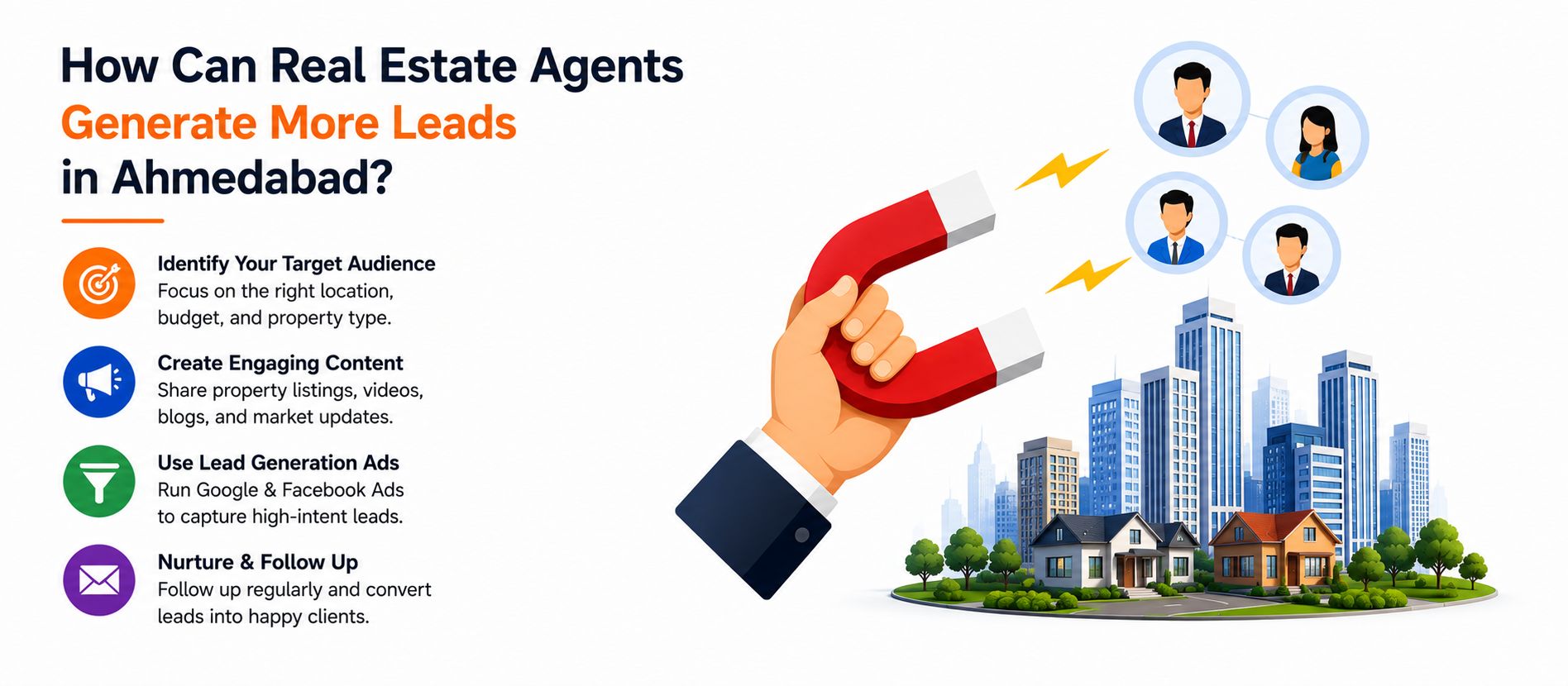 Infographic showing how real estate agents can generate more leads in Ahmedabad by identifying target audience, creating engaging content, using Google and Facebook lead generation ads and nurturing and following up with potential clients